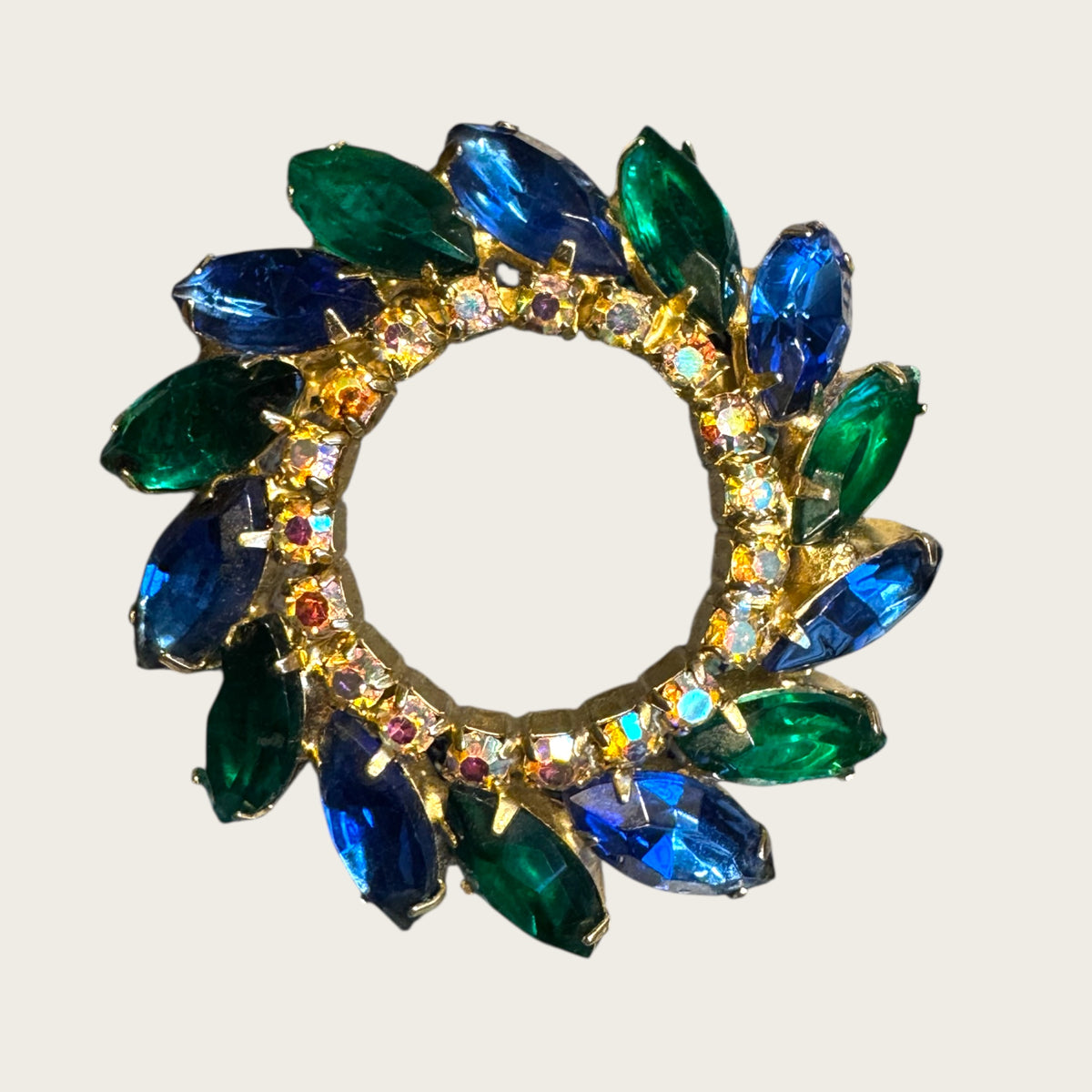 Vintage Emerald Green & Sapphire Blue Marquise Rhinestone Wreath Brooch – AB Accented Mid-Century Pin