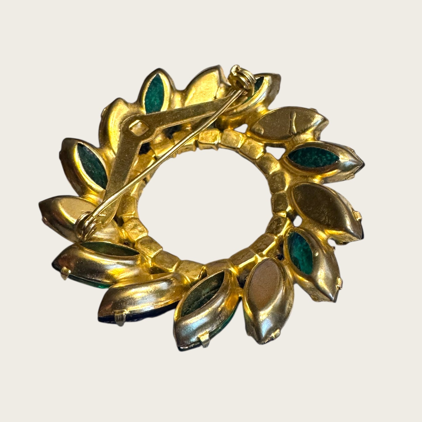 Vintage Emerald Green & Sapphire Blue Marquise Rhinestone Wreath Brooch – AB Accented Mid-Century Pin
