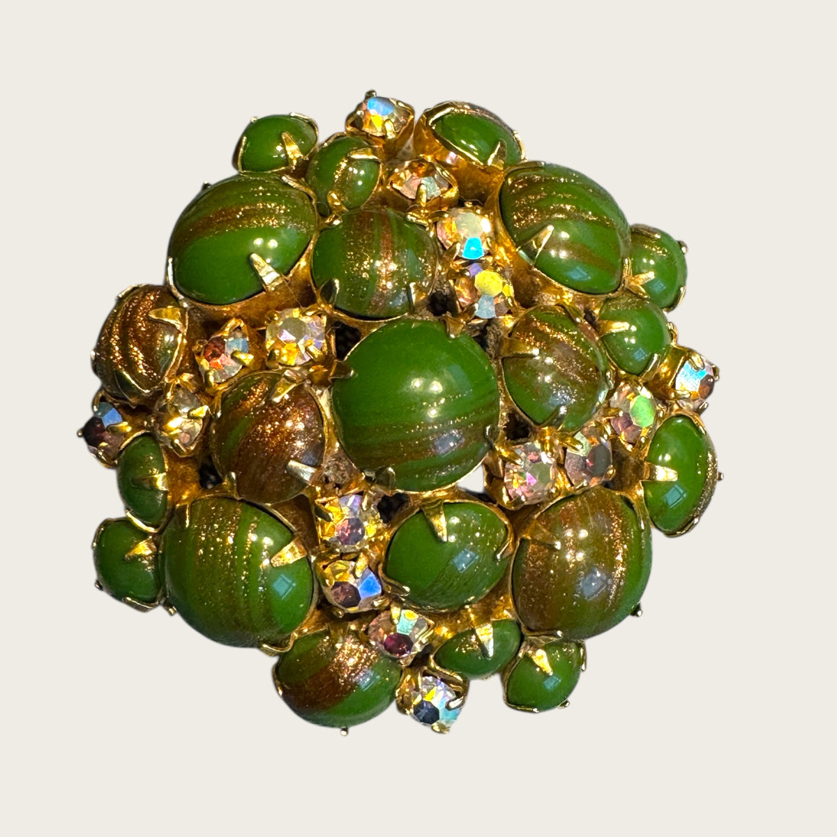 Vintage Domed Green Art Glass & AB Rhinestone Brooch – Gold-Flecked Marbled Glass Cabochons