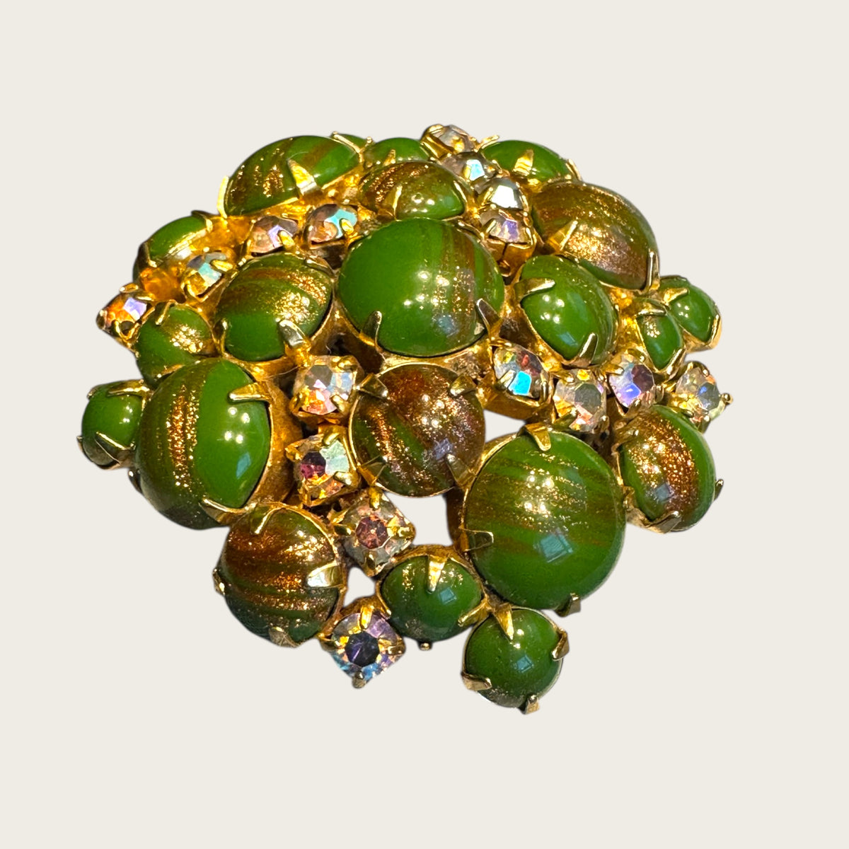 Vintage Domed Green Art Glass & AB Rhinestone Brooch – Gold-Flecked Marbled Glass Cabochons