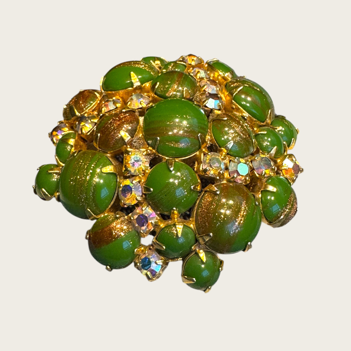 Vintage Domed Green Art Glass & AB Rhinestone Brooch – Gold-Flecked Marbled Glass Cabochons