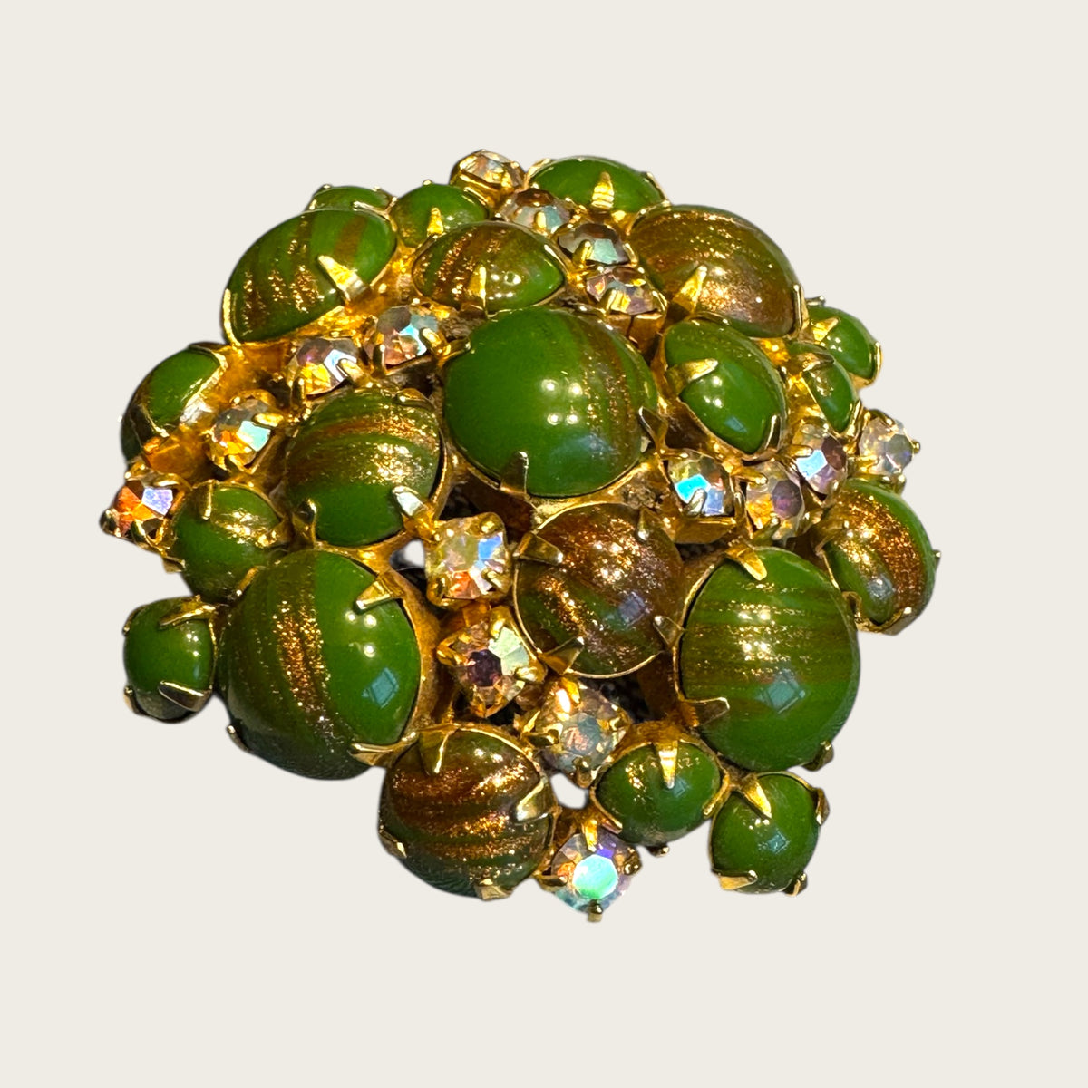 Vintage Domed Green Art Glass & AB Rhinestone Brooch – Gold-Flecked Marbled Glass Cabochons