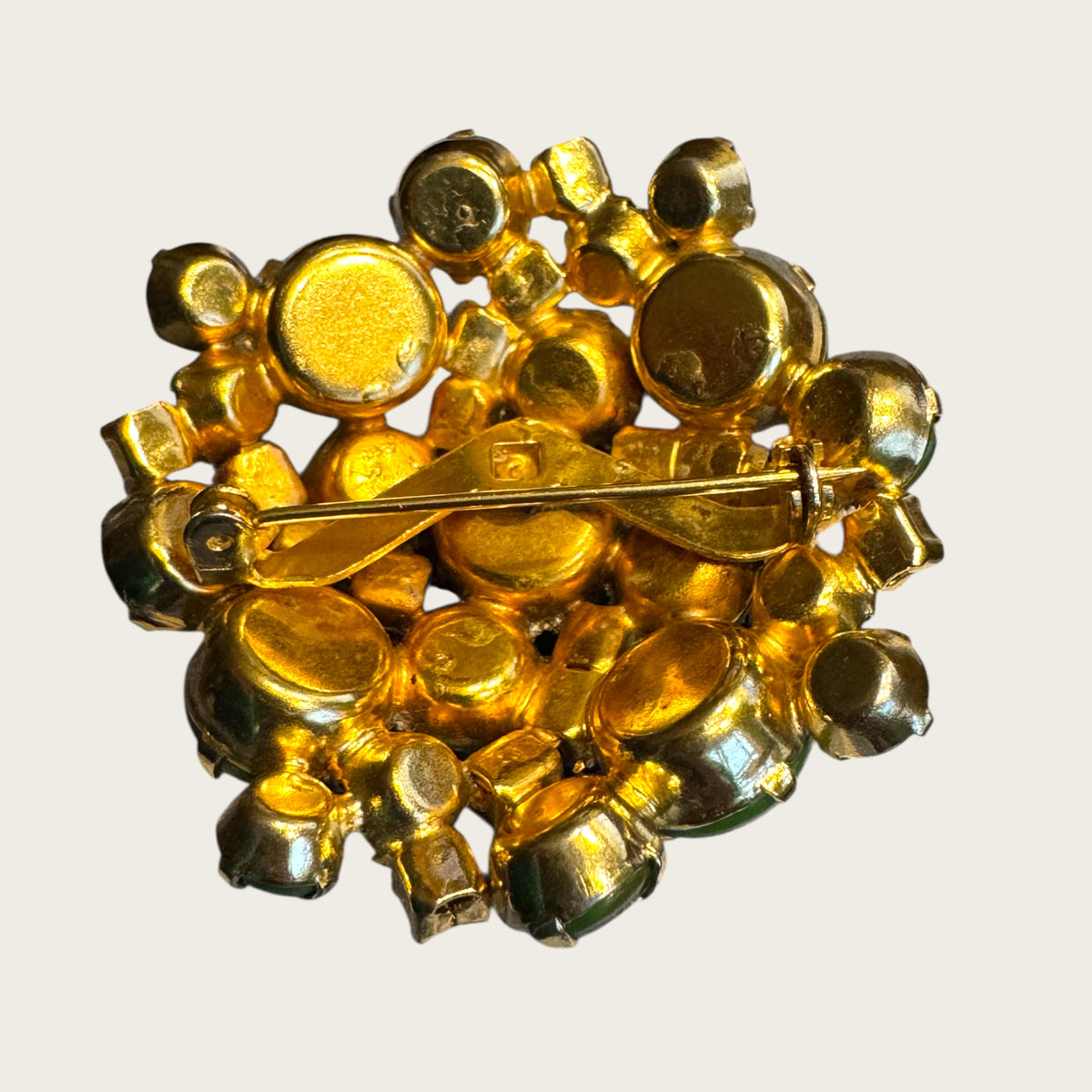 Vintage Domed Green Art Glass & AB Rhinestone Brooch – Gold-Flecked Marbled Glass Cabochons