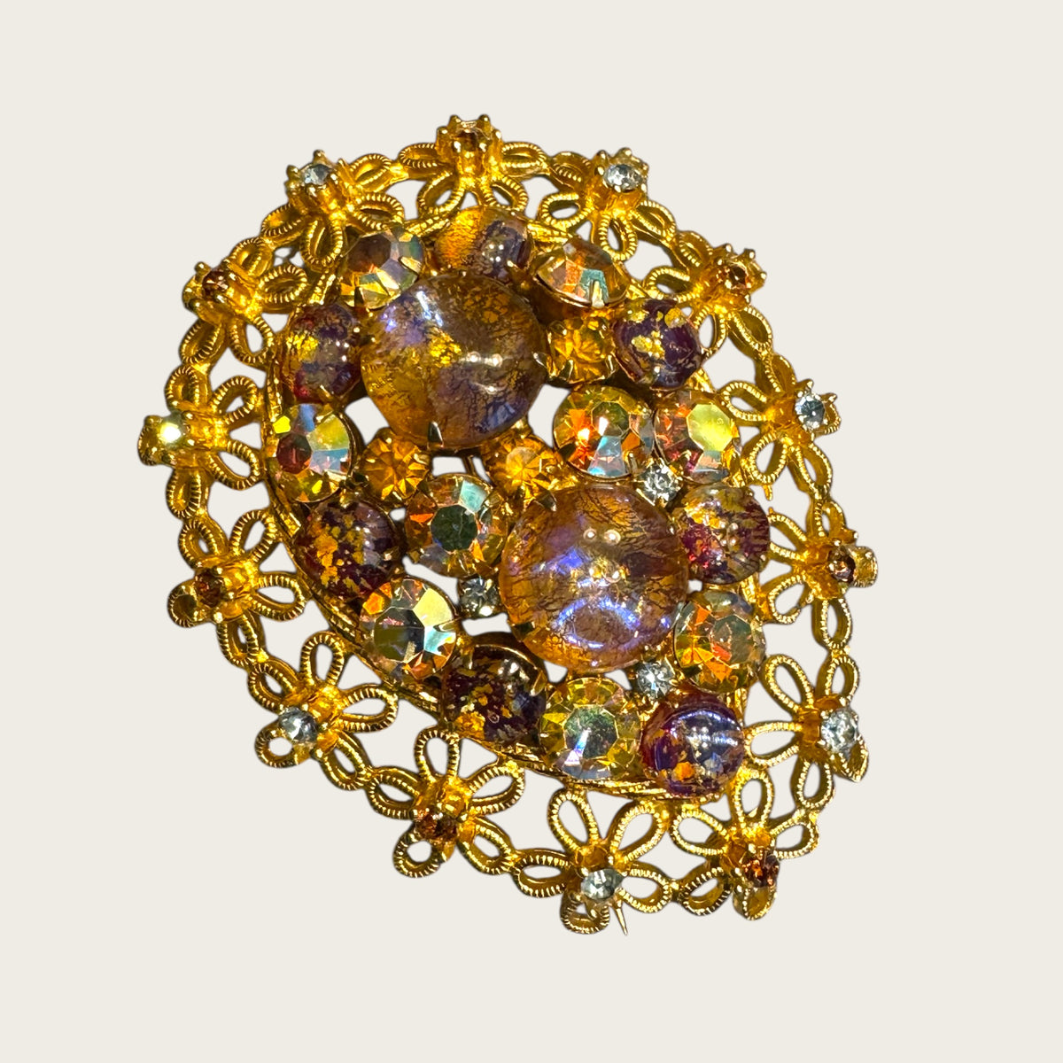 Vintage Dragon’s Breath Glass & Topaz AB Filigree Brooch – Floral Openwork Frame