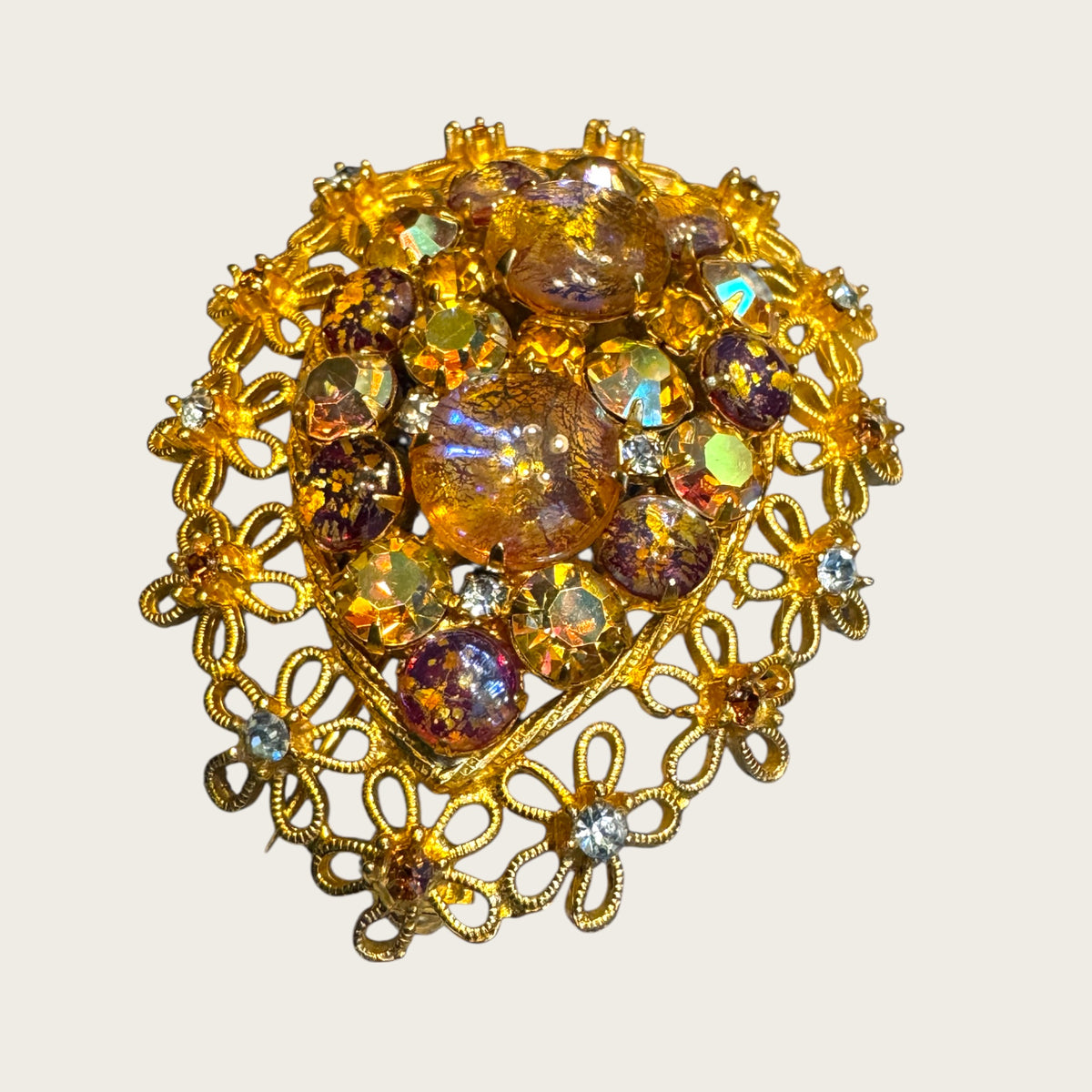 Vintage Dragon’s Breath Glass & Topaz AB Filigree Brooch – Floral Openwork Frame