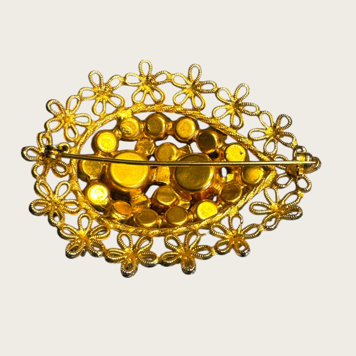 Vintage Dragon’s Breath Glass & Topaz AB Filigree Brooch – Floral Openwork Frame