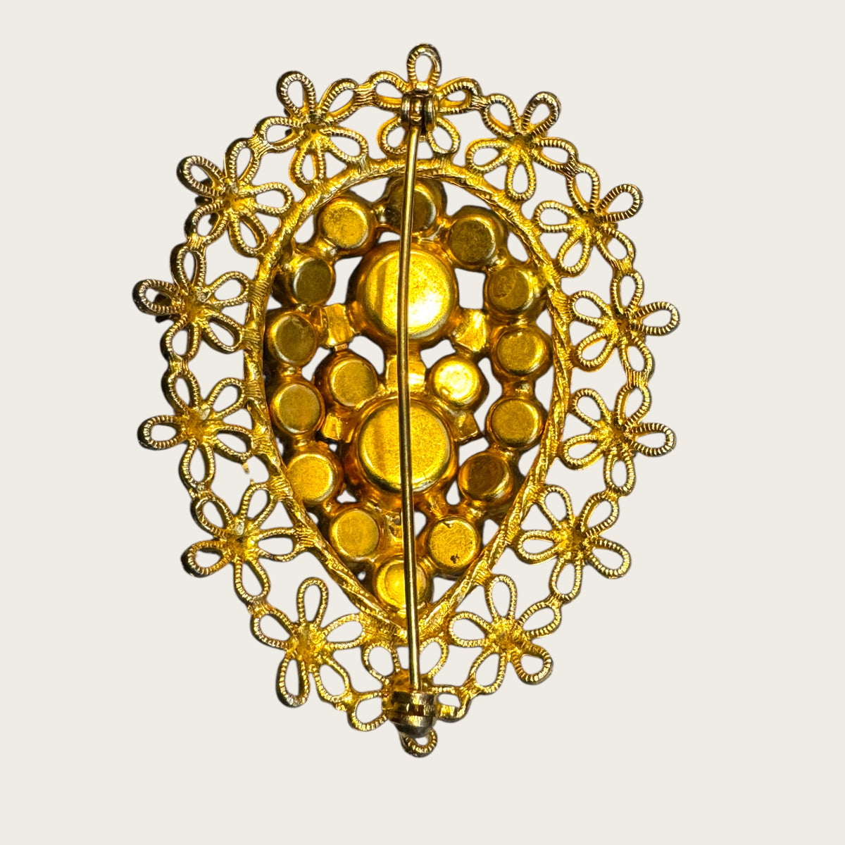Vintage Dragon’s Breath Glass & Topaz AB Filigree Brooch – Floral Openwork Frame
