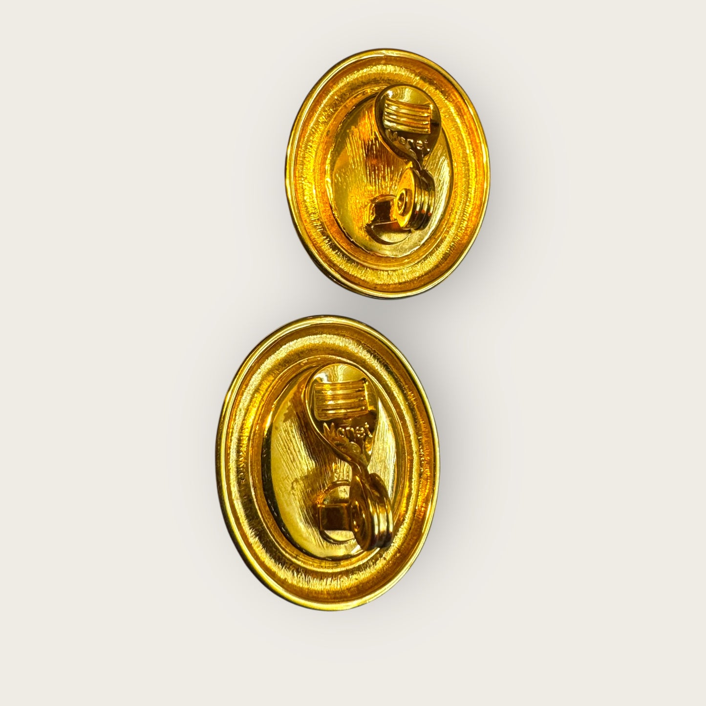 Vintage Monet Oval Glass Cabochon Clip-On Earrings – Ruby Red Cabochon, High-Polish Gold Tone