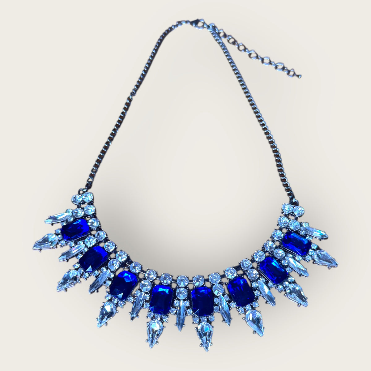 Sapphire Glass & Gunmetal Statement Collar Necklace – Emerald-Cut Blue Rhinestones & Crystal Navettes