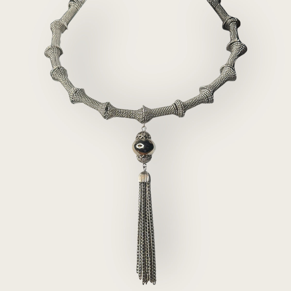 Vintage Silver Mesh Sculptural Choker Necklace with Ornate Tassel – Avant-Garde Statement Collar