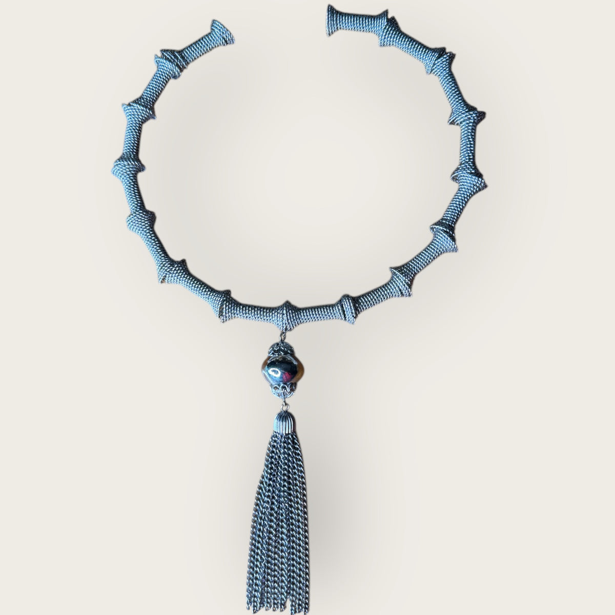 Vintage Silver Mesh Sculptural Choker Necklace with Ornate Tassel – Avant-Garde Statement Collar