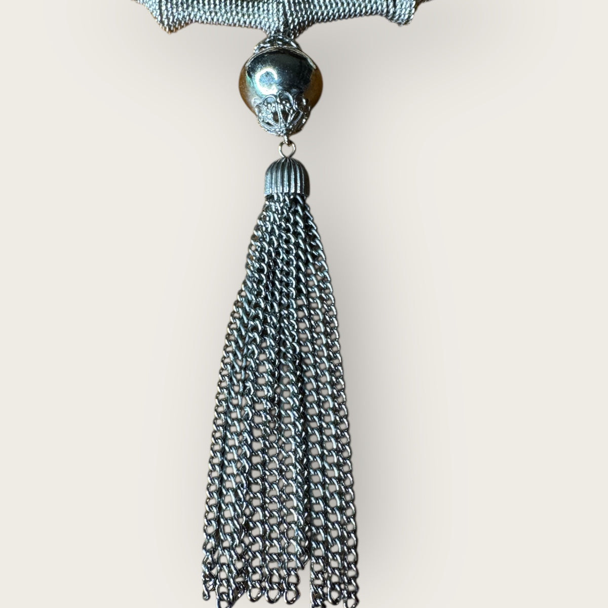 Vintage Silver Mesh Sculptural Choker Necklace with Ornate Tassel – Avant-Garde Statement Collar