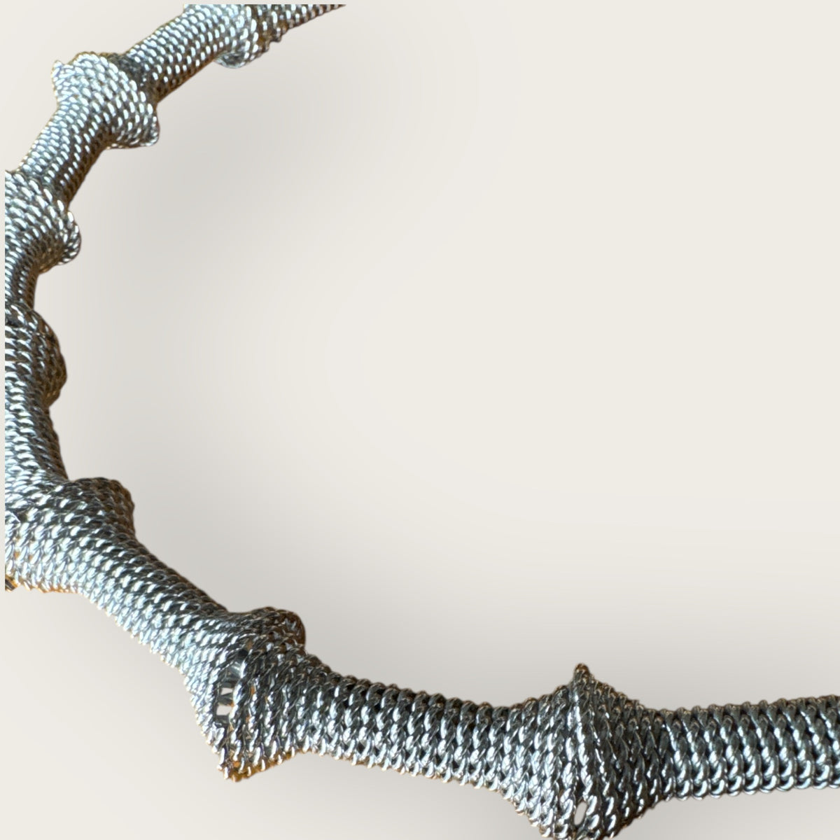 Vintage Silver Mesh Sculptural Choker Necklace with Ornate Tassel – Avant-Garde Statement Collar