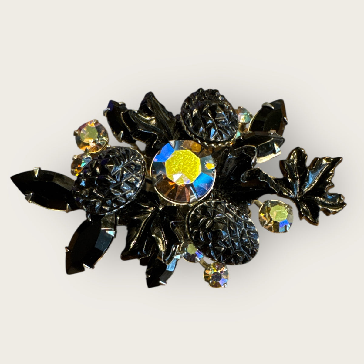 Vintage 1960s Judy Lee Maple Leaf Brooch – Mulberry Black Lava Glass & Aurora Borealis Rhinestones