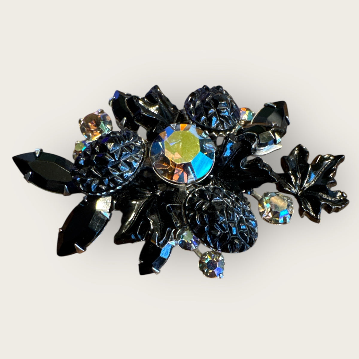 Vintage 1960s Judy Lee Maple Leaf Brooch – Mulberry Black Lava Glass & Aurora Borealis Rhinestones