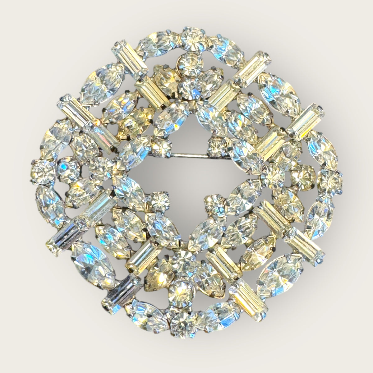 Vintage Layered Rhinestone Brooch – Multi-Shape Stones, Silver-Plated, 3D Couture Cluster Design