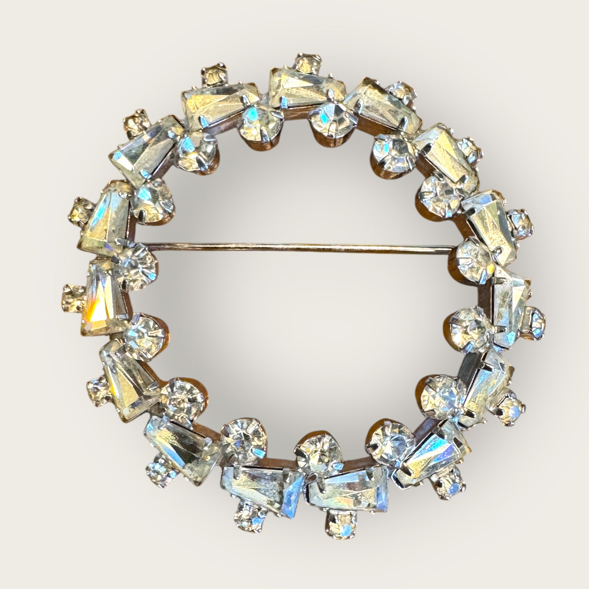 Vintage Rifas Crystal Wreath Brooch – Clear Faceted Baguettes & Rounds, Silver-Tone