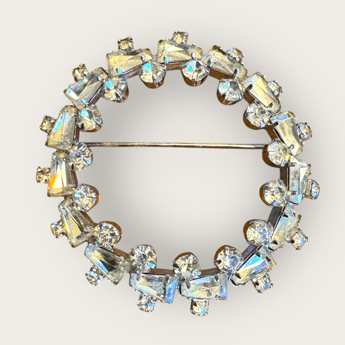Vintage Rifas Crystal Wreath Brooch – Clear Faceted Baguettes & Rounds, Silver-Tone