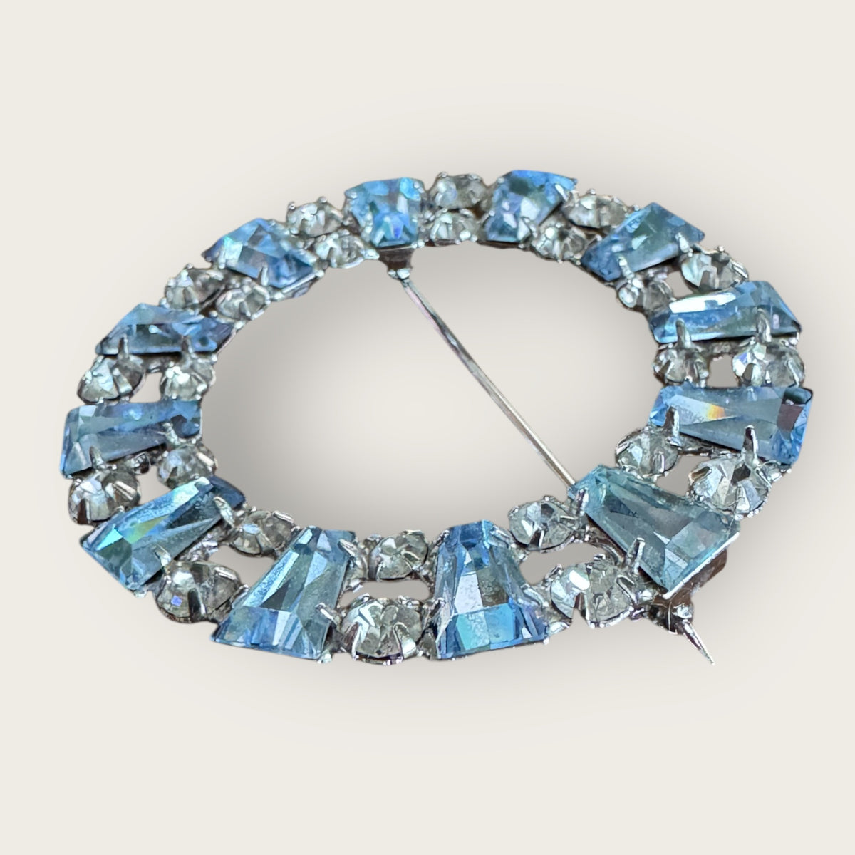 Vintage B. David Light Blue & Clear Rhinestone Circle Brooch – Silver-Tone | Mid-Century Elegance