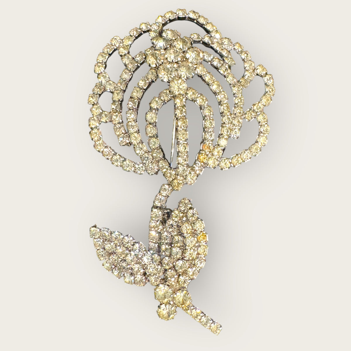 Vintage Clear Rhinestone Rose Brooch – Silvertone Floral Statement Pin