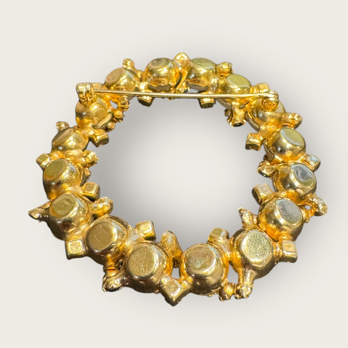 Vintage Frosted Cabochon & Aurora Borealis Wreath Brooch – Gold-Tone, Mid-Century Glamour