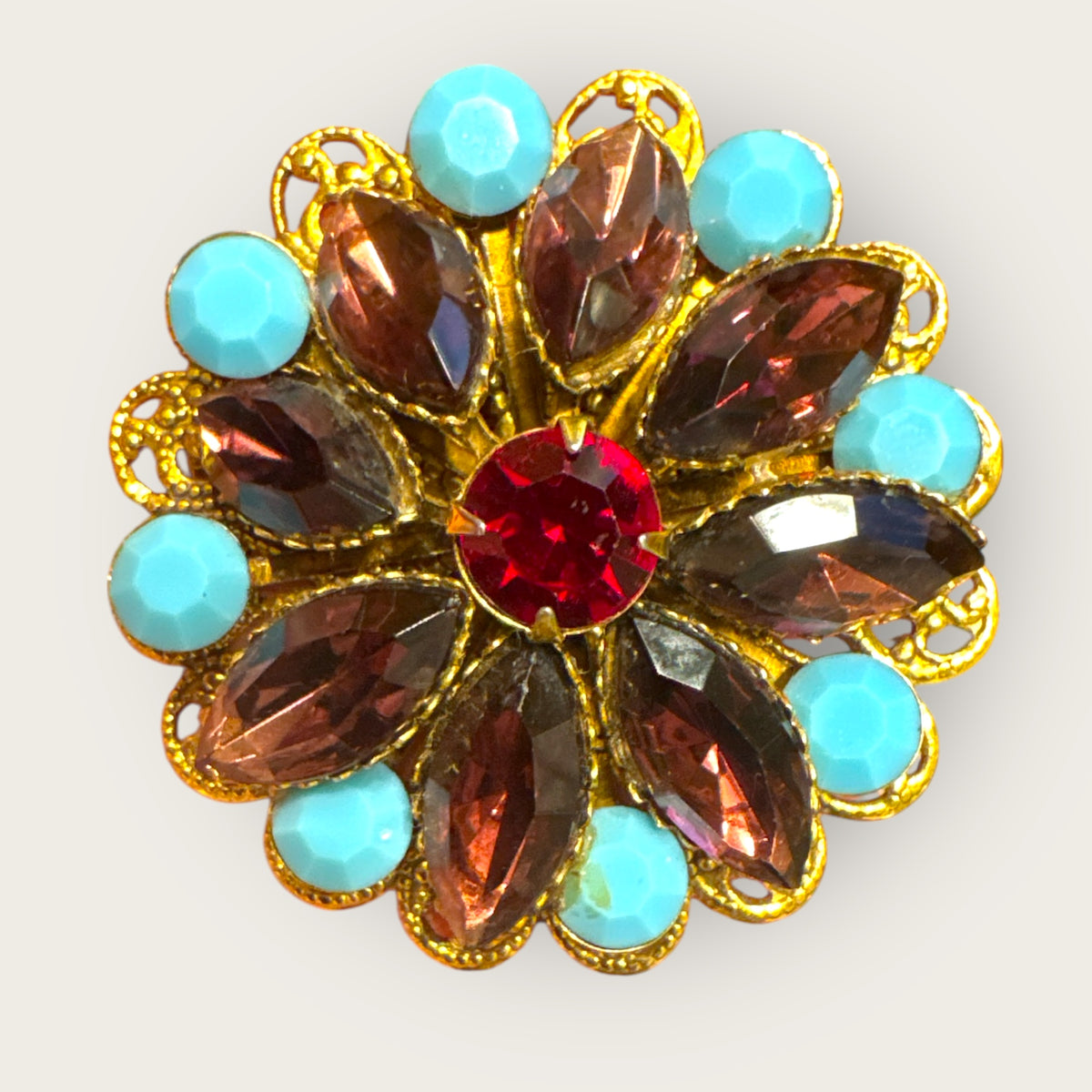 Antique-Style Turquoise & Amethyst Layered Glass Brooch – Domed Filigree – c. 1930s–1950s