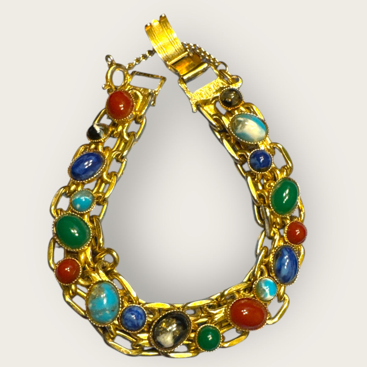 Vintage Multi-Cabochon Stones Double Chain Link Bracelet – Gold-Tone with Safety Chain