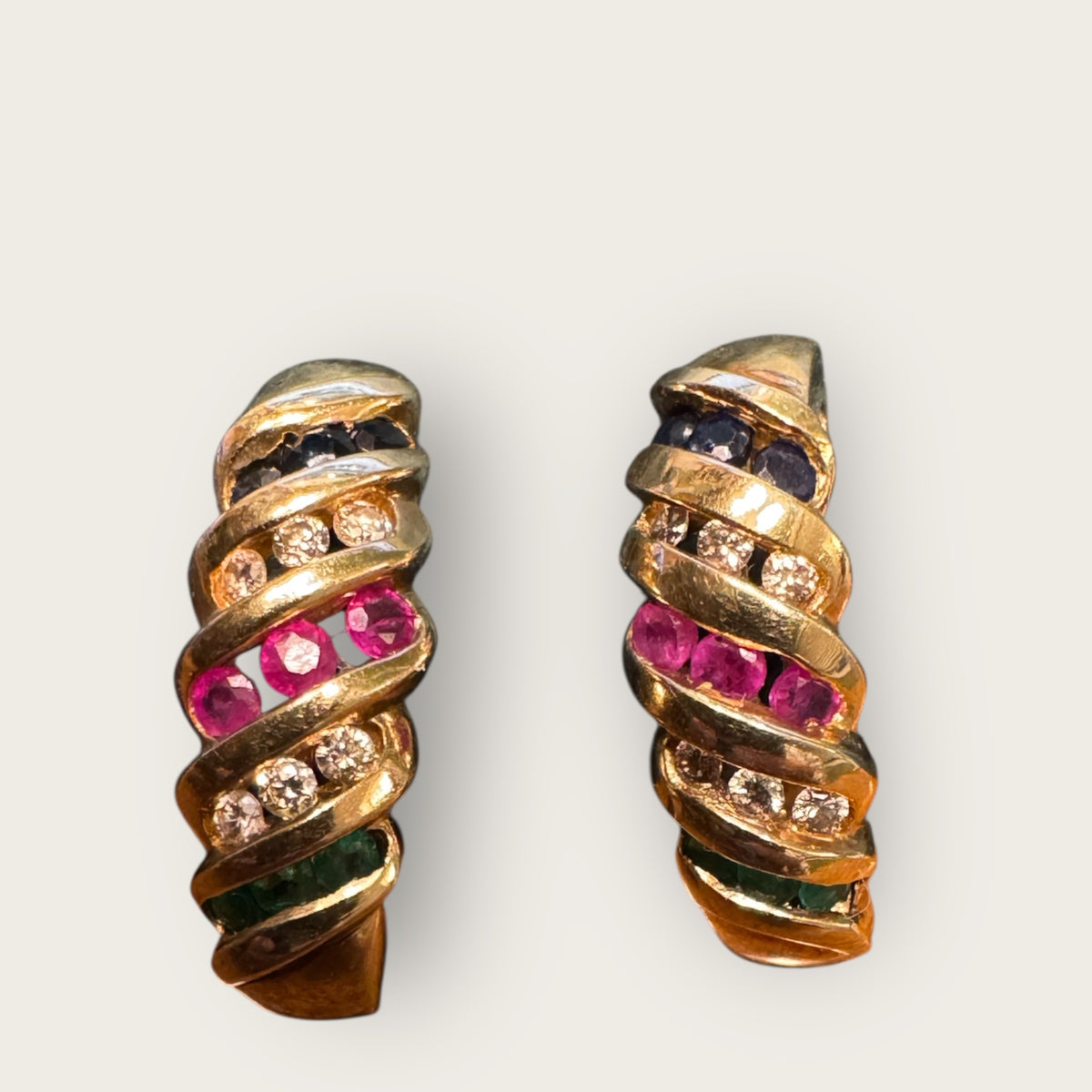 Vintage Multi-Gemstone Estate Huggie Earrings in 10K Gold – Sapphire, Diamond, Ruby & Emerald | Private Collection