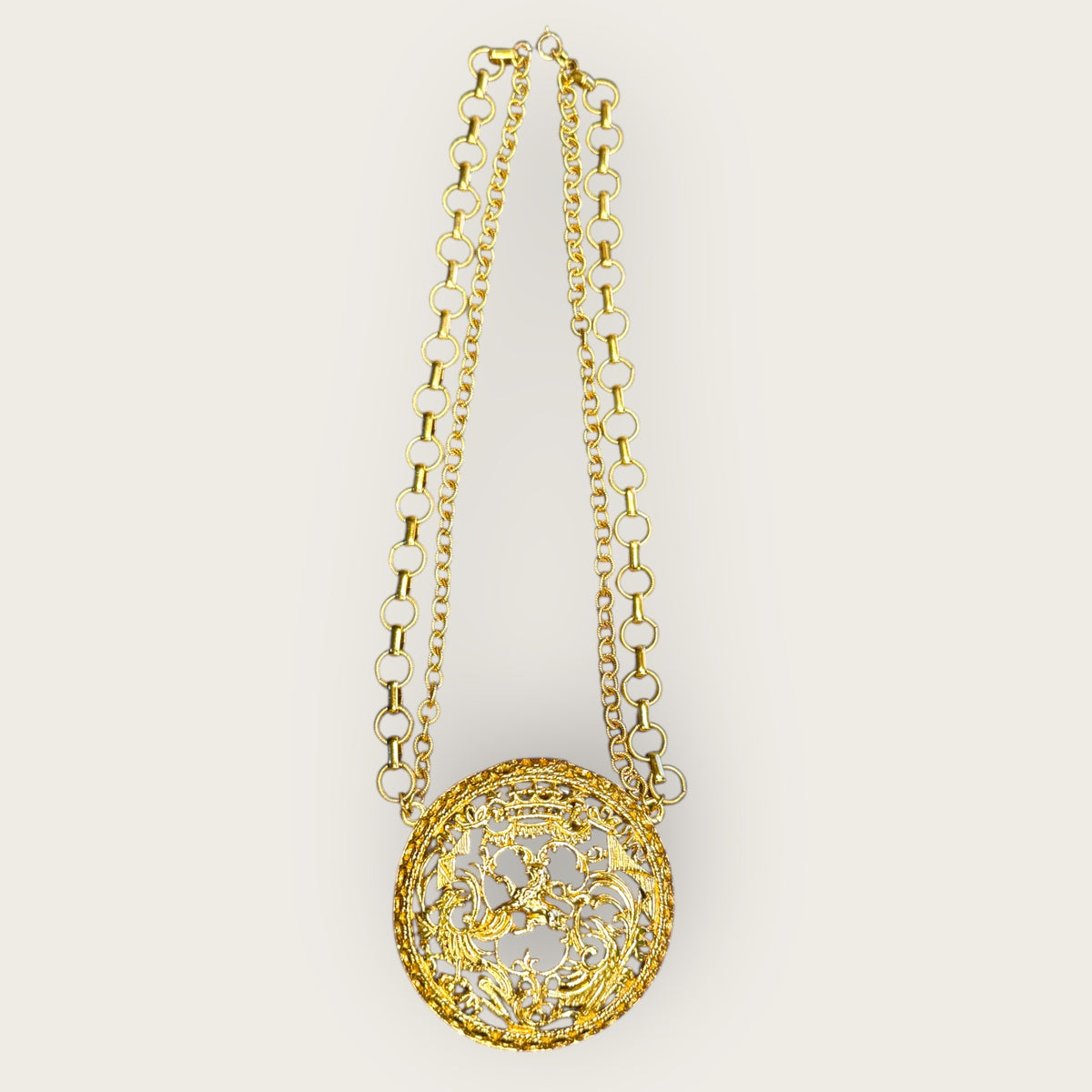 Signed Napier Victorian Revival Heraldic Medallion Necklace – Double Chain Statement Pendant