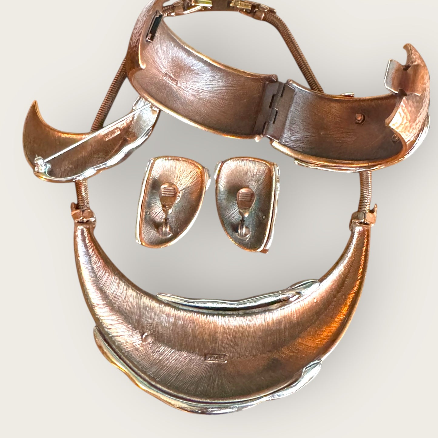 Vintage Monet Purée Mixed-Metal Sculptural Parure – Necklace, Hinged Cuff Bracelet, Earrings & Brooch – Runway Collector’s Suite