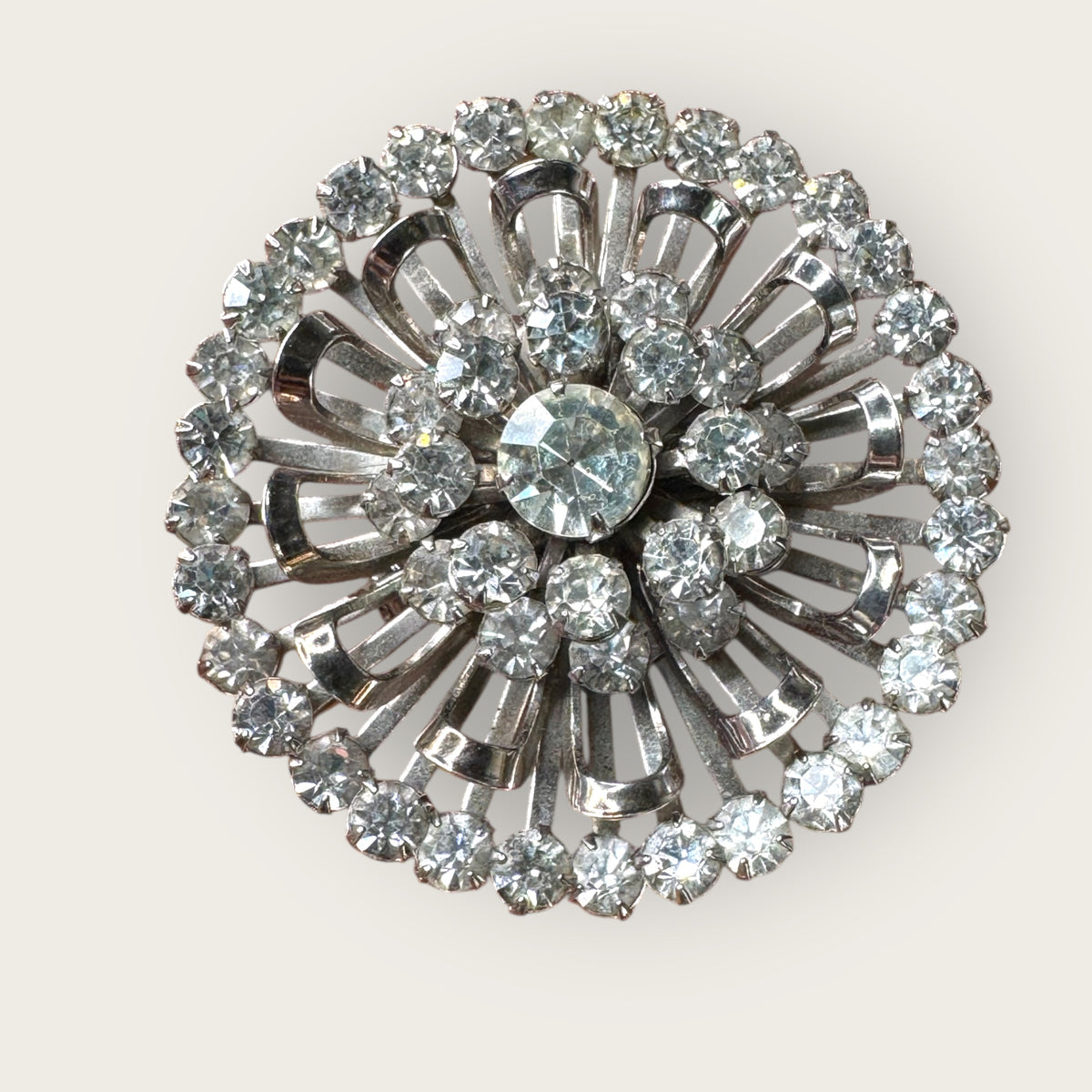 Mid-Century Layered Clear Rhinestone Burst Brooch – Silvertone Radiance