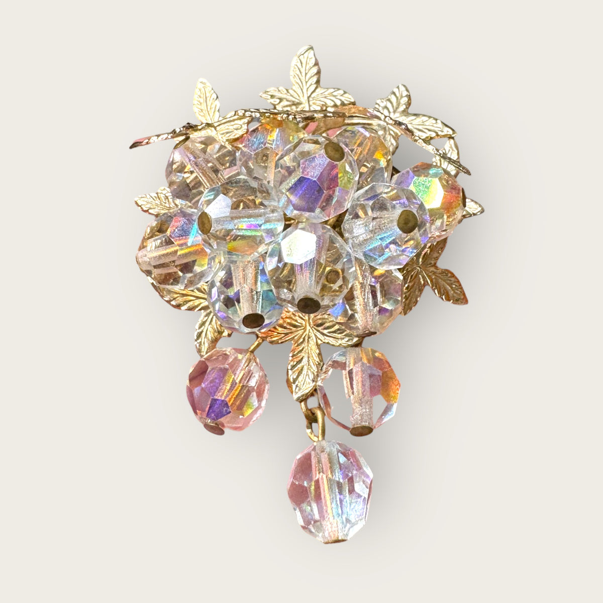 Vintage Aurora Borealis Crystal Cha-Cha Cluster Brooch – Mid-Century Gilt Leaf Design
