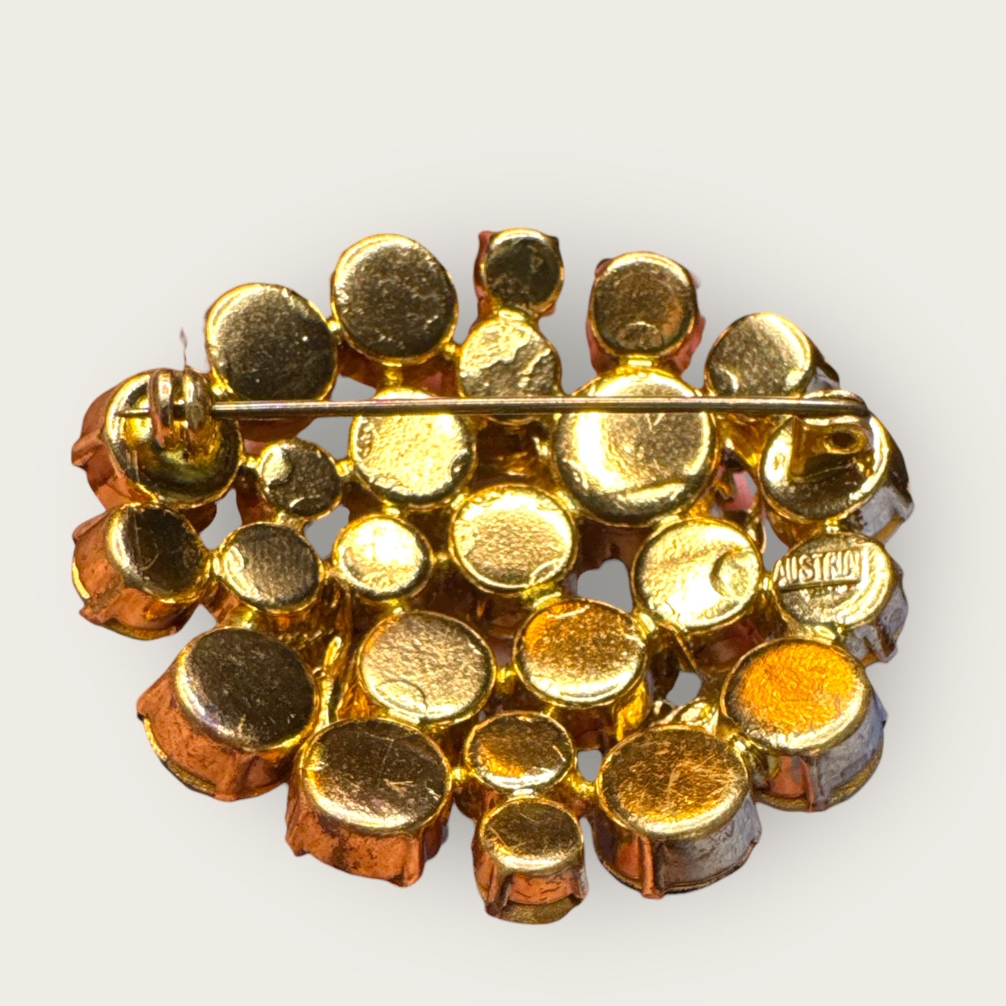 Vintage Austrian Domed Green Rhinestone & Uranium Glass Brooch – Gold-Tone Leaf Accents Signed Austria