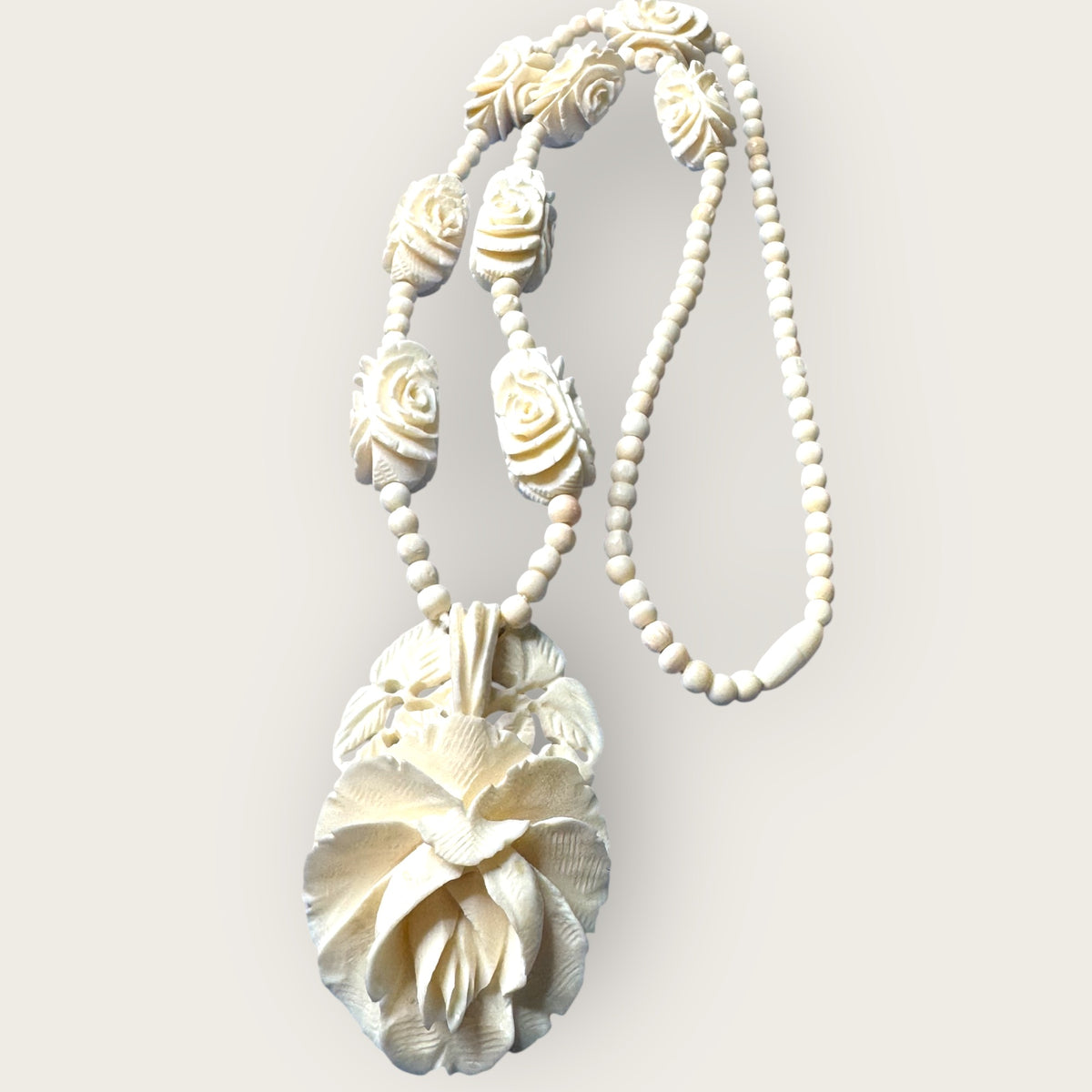 Hand-Carved Bone Rose Necklace – 1970s Artisan Floral Pendant & Beaded Strand