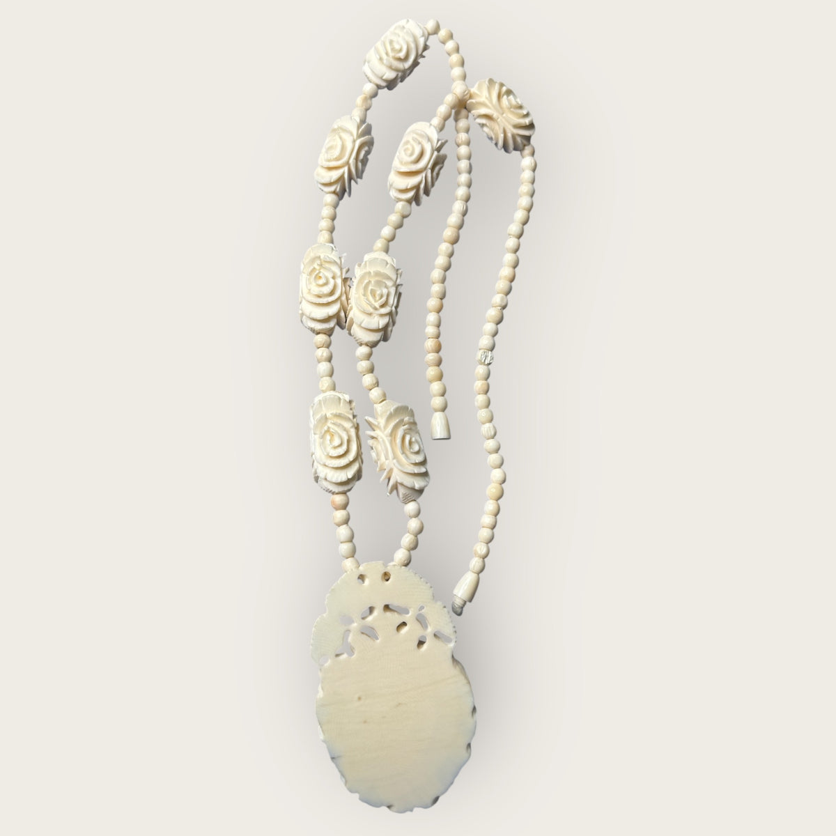 Hand-Carved Bone Rose Necklace – 1970s Artisan Floral Pendant & Beaded Strand