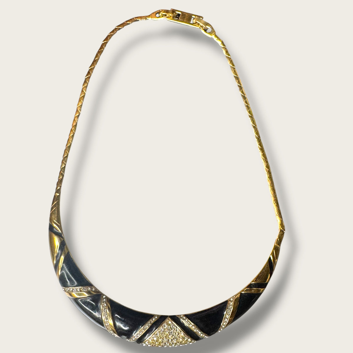 Vintage Monet “Swing Time Collection” Black Enamel & Rhinestone Collar Necklace – 1985 Book Piece