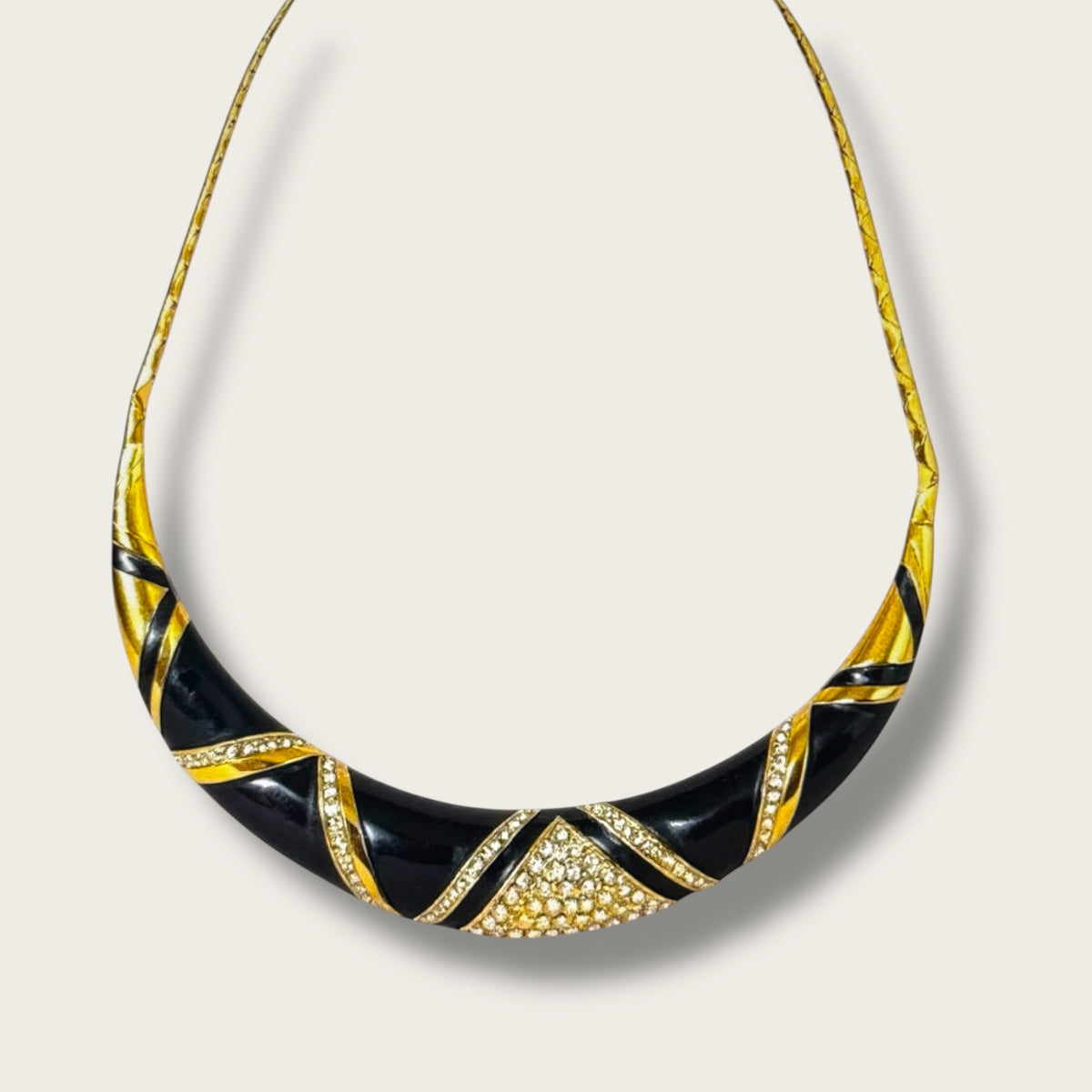 Vintage Monet “Swing Time Collection” Black Enamel & Rhinestone Collar Necklace – 1985 Book Piece