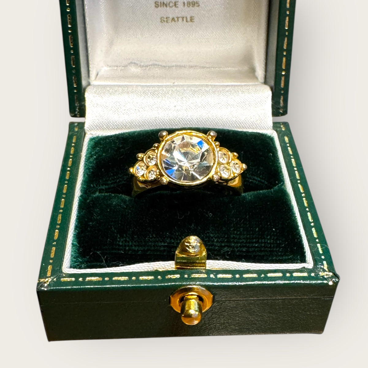Vintage Monet Crystal Solitaire Cocktail Ring – Size 6.5 – Radiant Mid-Century Glamour