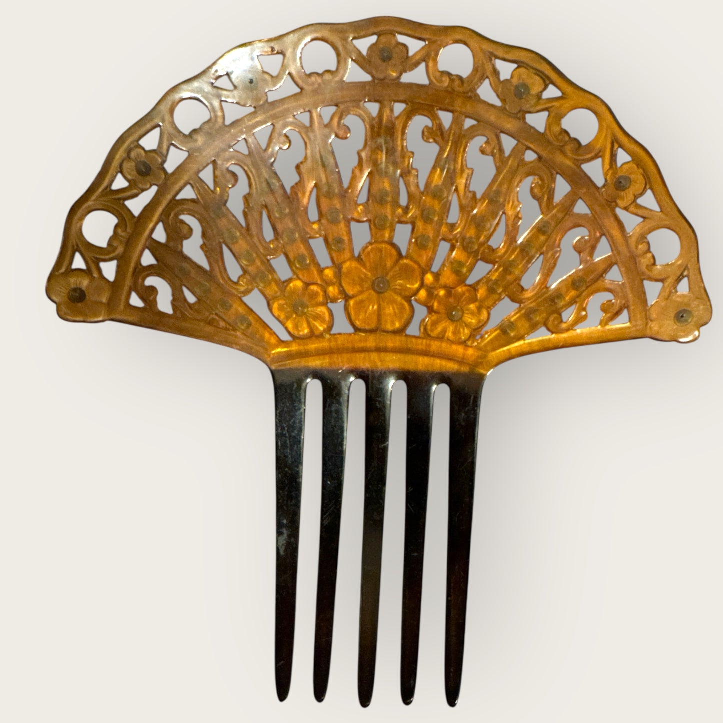 Antique Art Nouveau Celluloid Hair Comb with Blue Rhinestones – Early 1900s Ornamental Hair Accessory