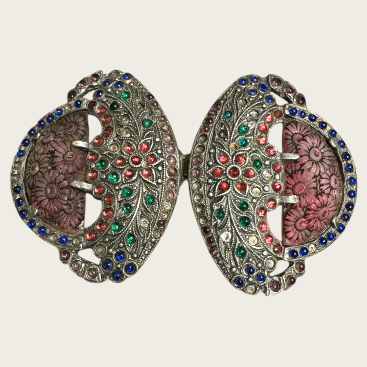 Antique Art Nouveau Glass Cabochon Floral Belt Buckle – Hand-Set Multi-Color Stones | Early 1900s Ornamental Accessory