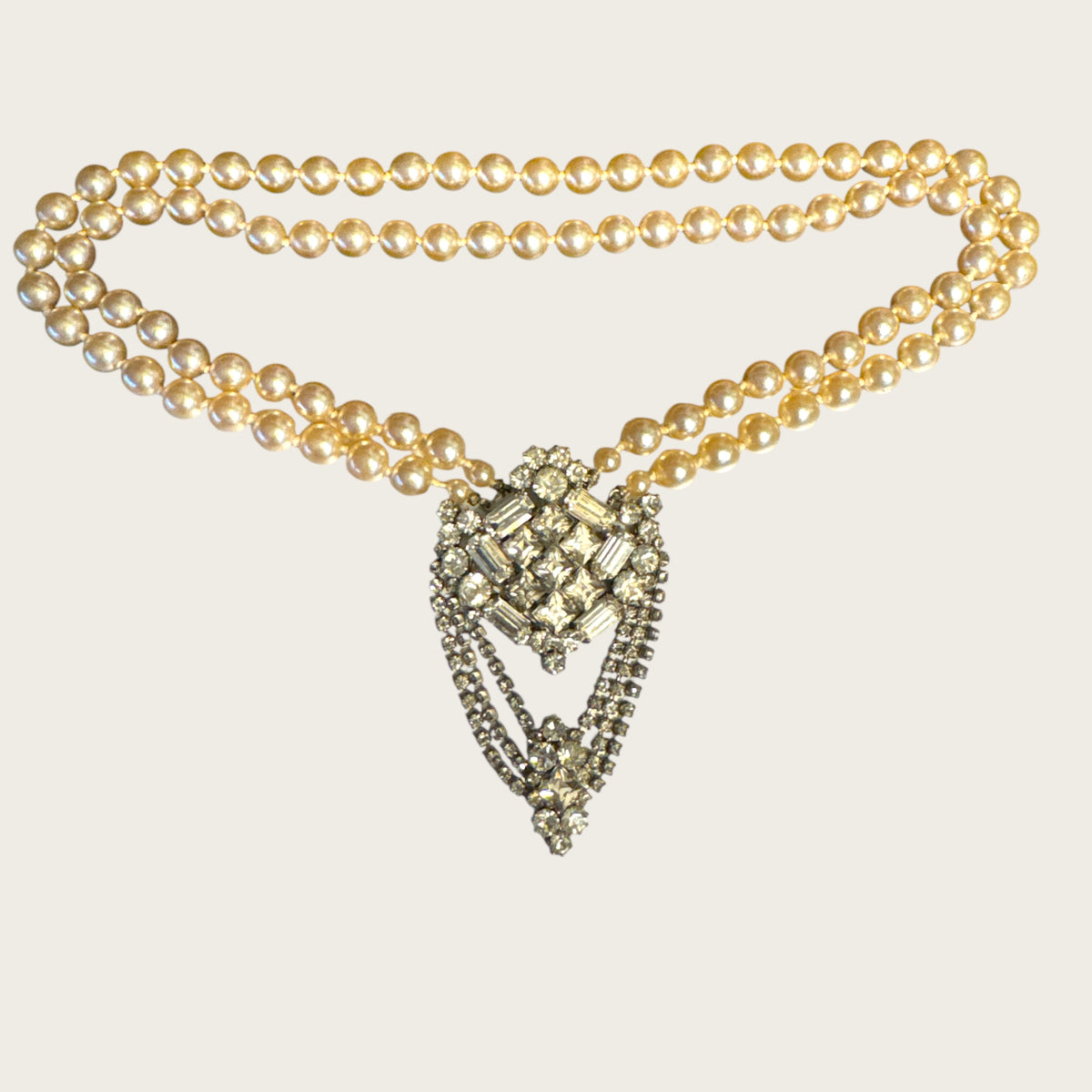 Vintage Mid-Century High Society Double-Strand Glass Pearl & Rhinestone Chandelier Necklace – Circa 1950s – Couture Evening Elegance