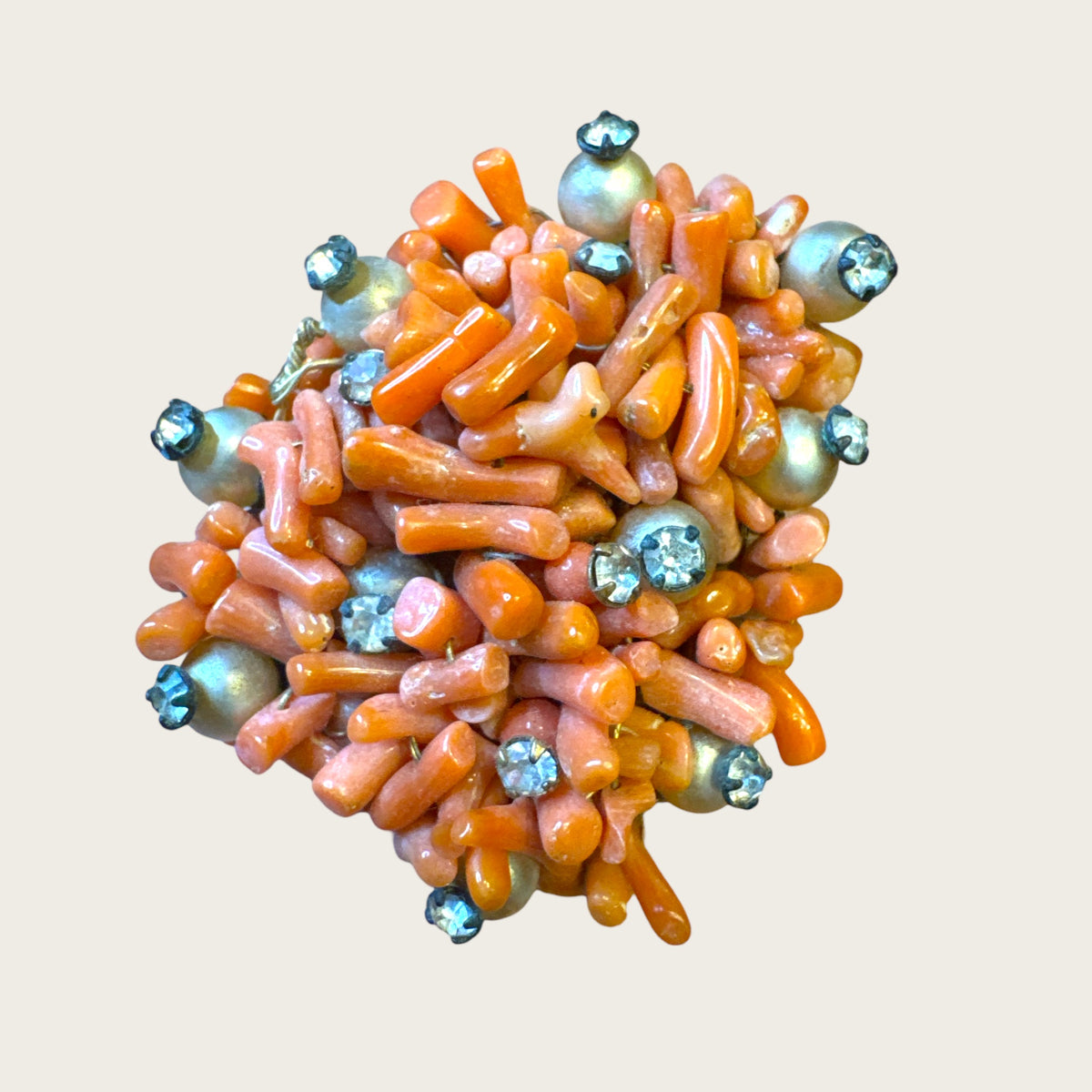 Antique Hand-Wired Coral Cluster Brooch with Pearls & Paste Stones – c. 1915–1925 Filigree Artisan Work