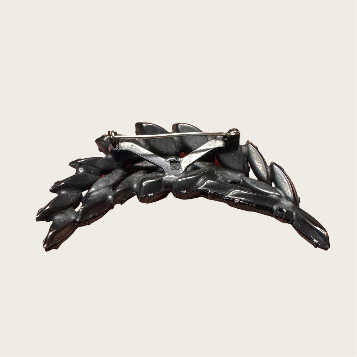 Vintage Japanned Black Marquise Leaf Brooch – Black Glass & Smoky Accents