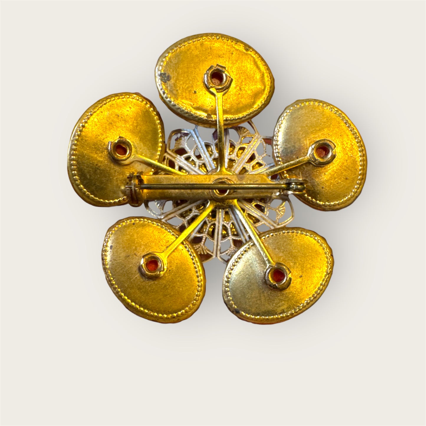 Vintage Mid-Century Gold-Tone Floral Brooch with Red Glass Cabochons