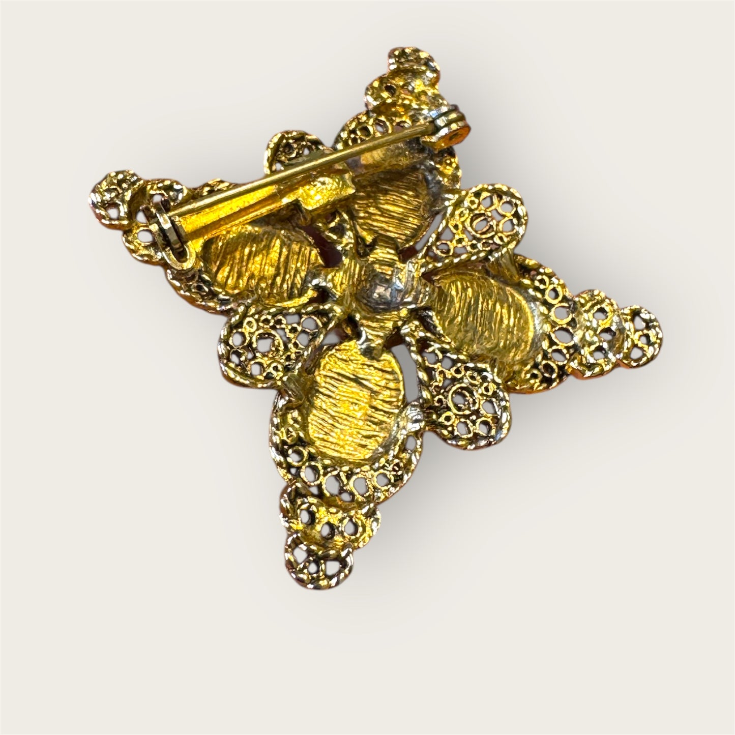Vintage Gold-Tone Filigree Brooch with Red Glass Cabochons & Seed Pearl–Style Center