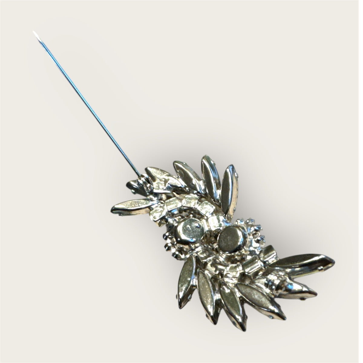 Vintage Silver Tone Slate Green Rhinestone Navette Brooch with Aurora Borealis Halo
