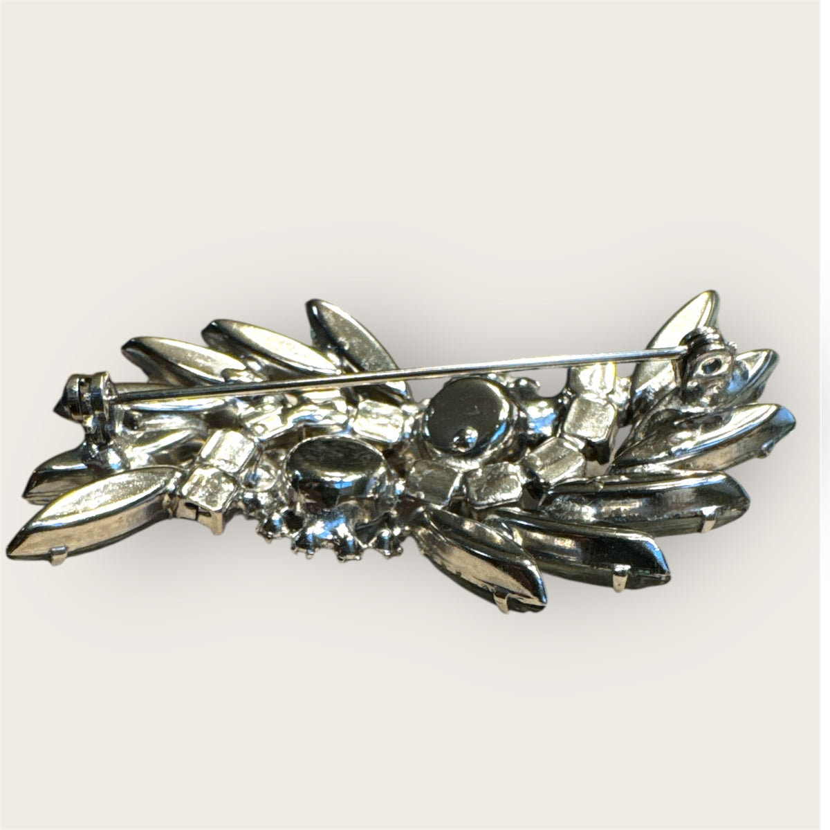 Vintage Silver Tone Slate Green Rhinestone Navette Brooch with Aurora Borealis Halo