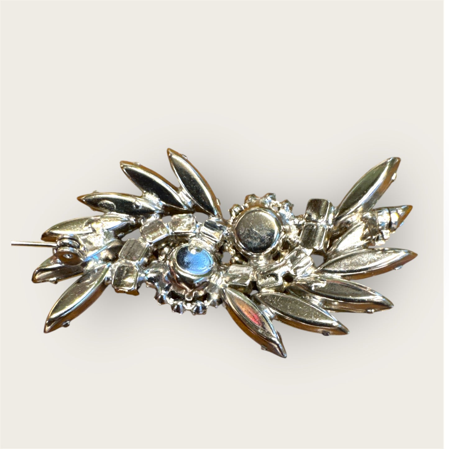 Vintage Silver Tone Slate Green Rhinestone Navette Brooch with Aurora Borealis Halo