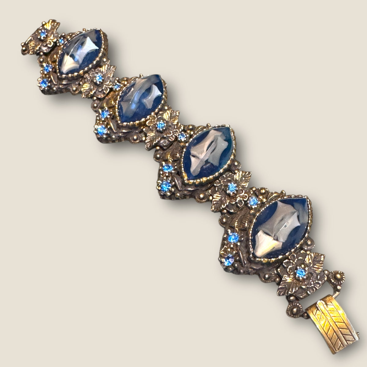 Dramatic Vintage Panel Link Bracelet with Carved Blue Celluloid Cabochons & Sapphire-Blue Rhinestones