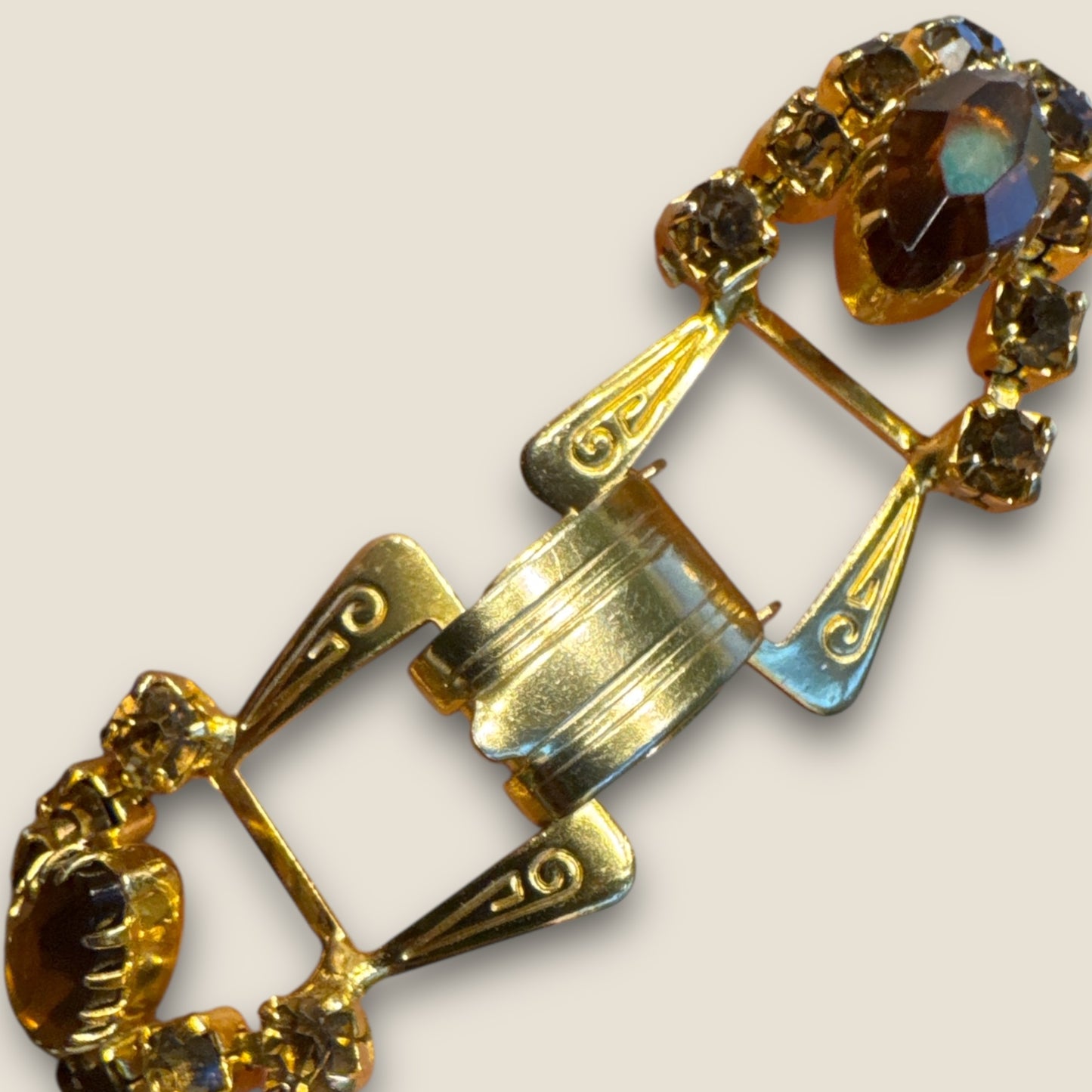 Vintage Gold Tone Rhinestone Panel Link Bracelet with Topaz & Root Beer Navettes